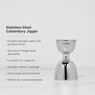Stainless steel Canterbury jigger with polished finish, ideal for home bartenders and cocktail mixing.
