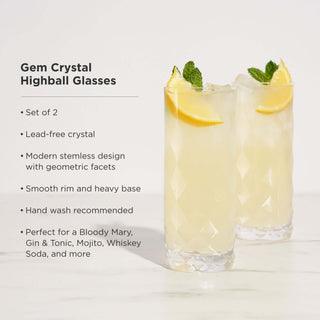 Gem crystal highball glasses set of 2, lead-free, modern design, perfect for cocktails like Bloody Mary and Mojito.
