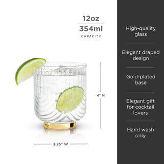 Gatsby tumblers set: elegant gold-plated base, draped glass design, 12 oz capacity, ideal for cocktail lovers.