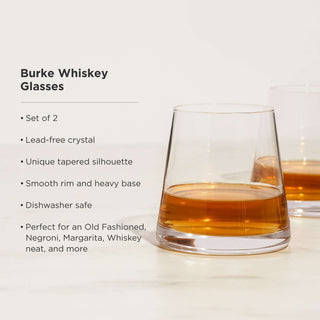 Burke crystal whiskey glasses set of 2 with tapered silhouette, perfect for Old Fashioned or neat Scotch. Dishwasher safe.