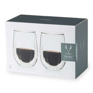 Double-walled stemless wine glasses set of 2, borosilicate glass for maintaining wine temperature and preventing condensation.