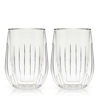 Set of 2 double-walled stemless wine glasses made from borosilicate glass, perfect for sipping wine.