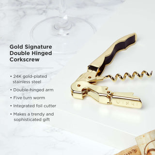 Gold-plated double-hinged corkscrew with integrated foil cutter, a stylish gift for wine lovers.