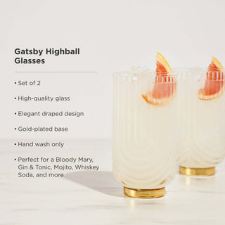 Gatsby highball glasses set of 2 with elegant draped design and gold-plated base, perfect for cocktails.