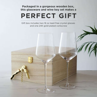 Crystal Bordeaux glasses and gold-plated corkscrew in a wooden gift box, perfect for wine lovers.