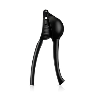 Elegant black citrus press for juicing lemons and limes, made of powder-coated aluminum, stylish and functional kitchen tool.