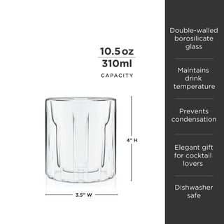 Double-walled borosilicate rocks glass, 10.5 oz capacity, prevents condensation, dishwasher safe, perfect for cocktails.