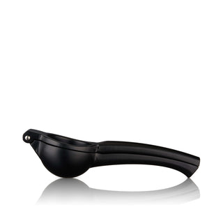 Elegant black citrus press for juicing lemons and limes, made from powder-coated aluminum, stylish kitchen accessory.