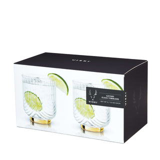 Gatsby Tumblers Set of 2 in elegant packaging, featuring polished gold and glass design, 12 oz capacity.