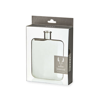 Elegant silver flask in stylish packaging, featuring a sleek design and a secure cap for easy sipping.