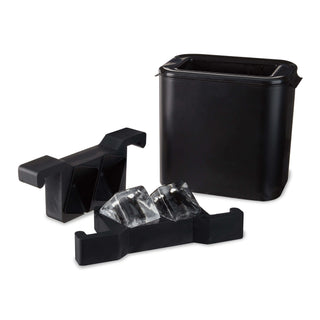 Glacier Rocks Clear Ice Maker set with mold and two crystal-clear ice cubes for craft cocktails.